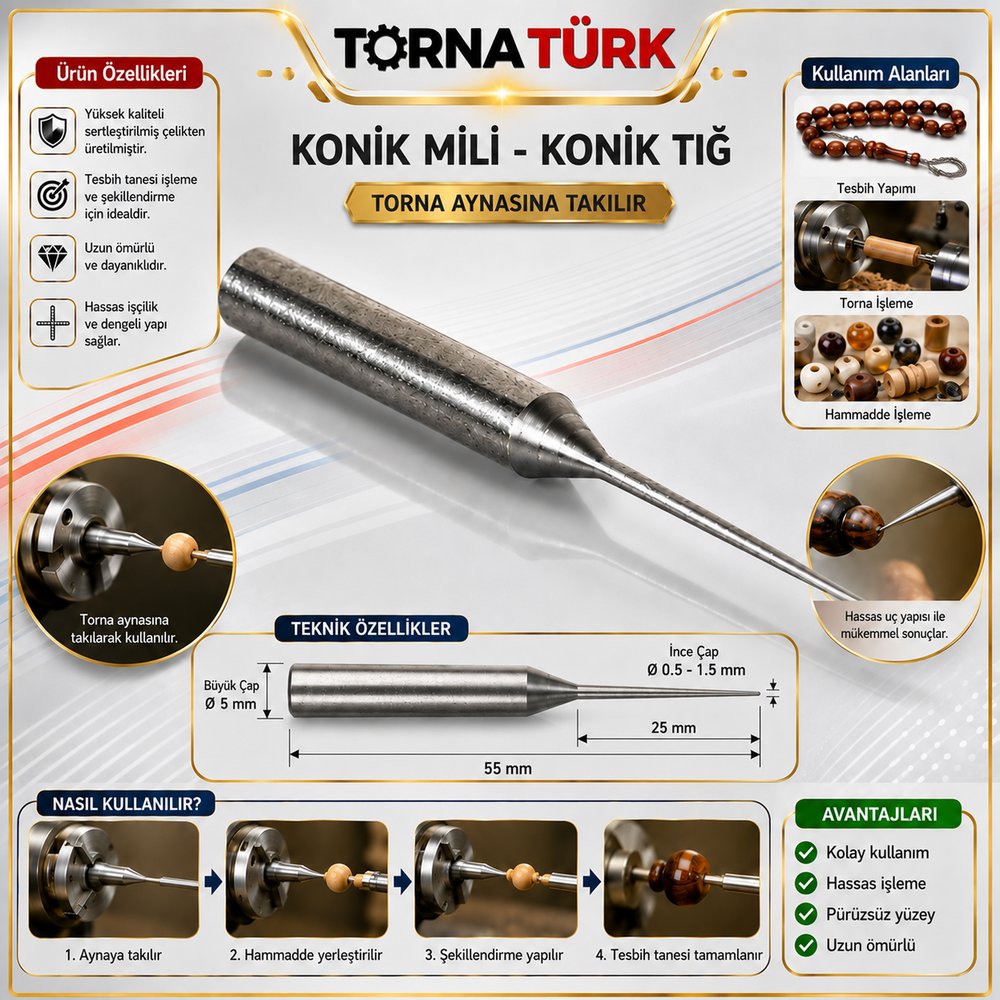 sert çelik konik mil - tığ- 0.5 mm x 1.5 mm konik - 1 adet