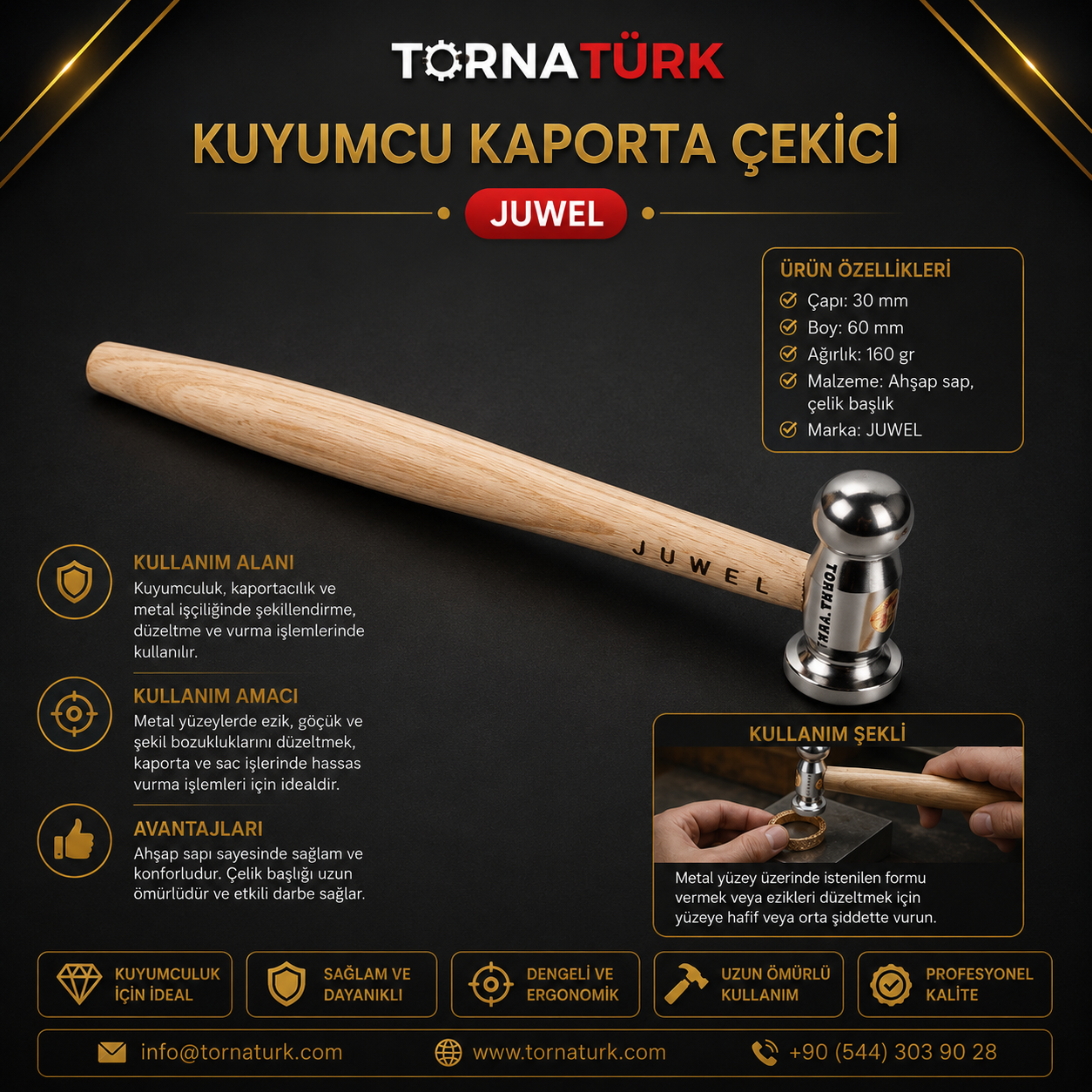 kuyumcu kaporta çekici -bir ucu küre - bir ucu düz -  160 gram