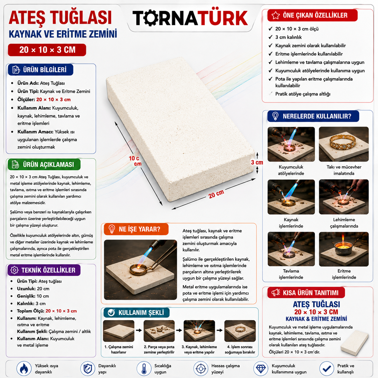 20 x 10 x 3 cm ateş tuğla