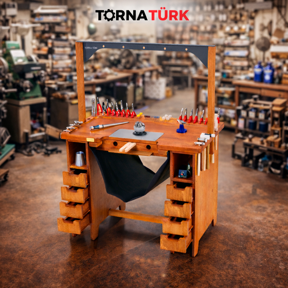 tek kişilik çekmeceli özel kuyumcu masası fırınlanmış kayın ağacı