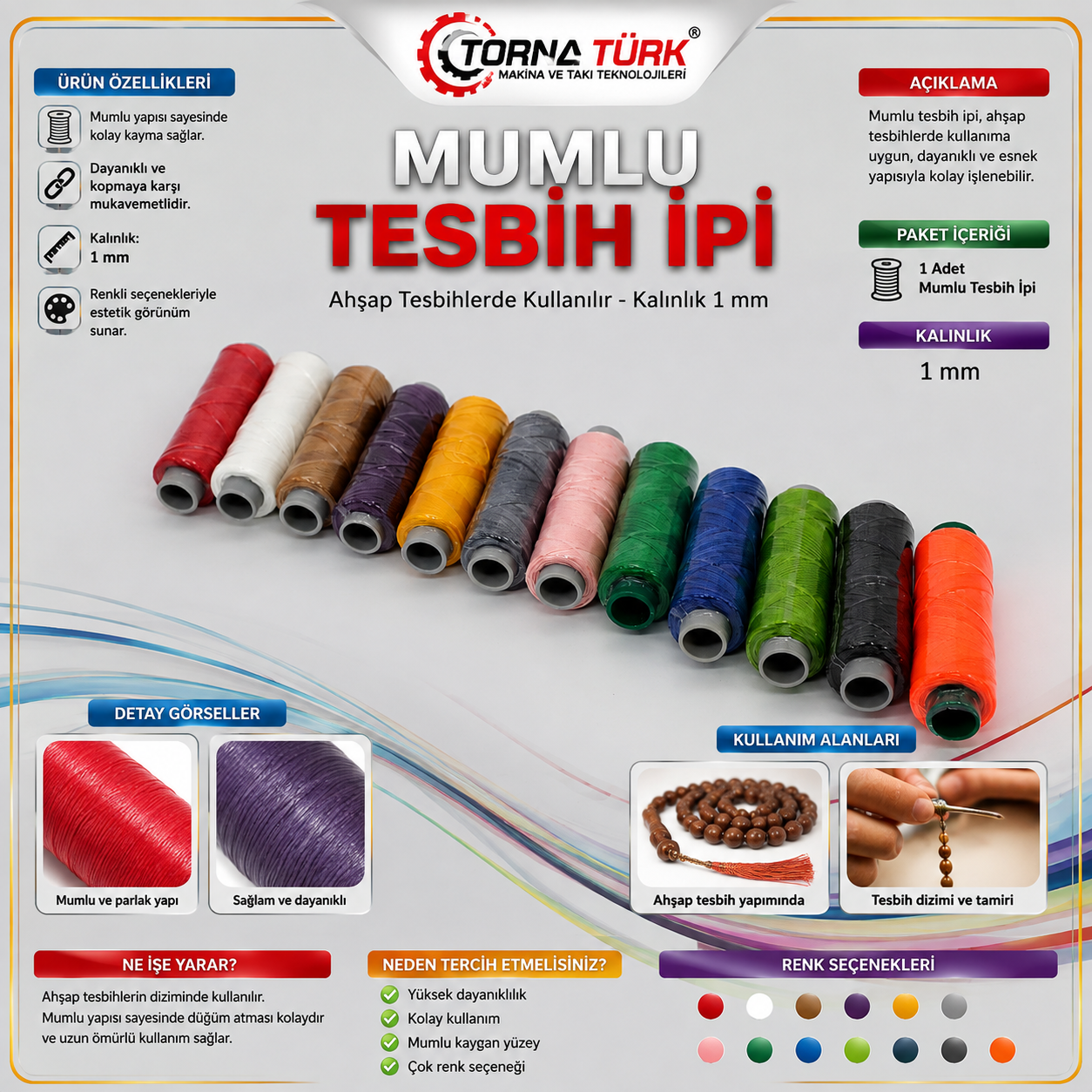 mumlu tesbih ipi - 1 mm kalınlık